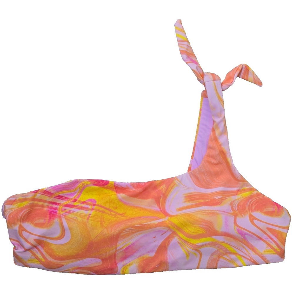 Aqua Swim One Shoulder Tie Marble Swirl Bikini Top Women's M Pink Multi - Picture 3 of 8